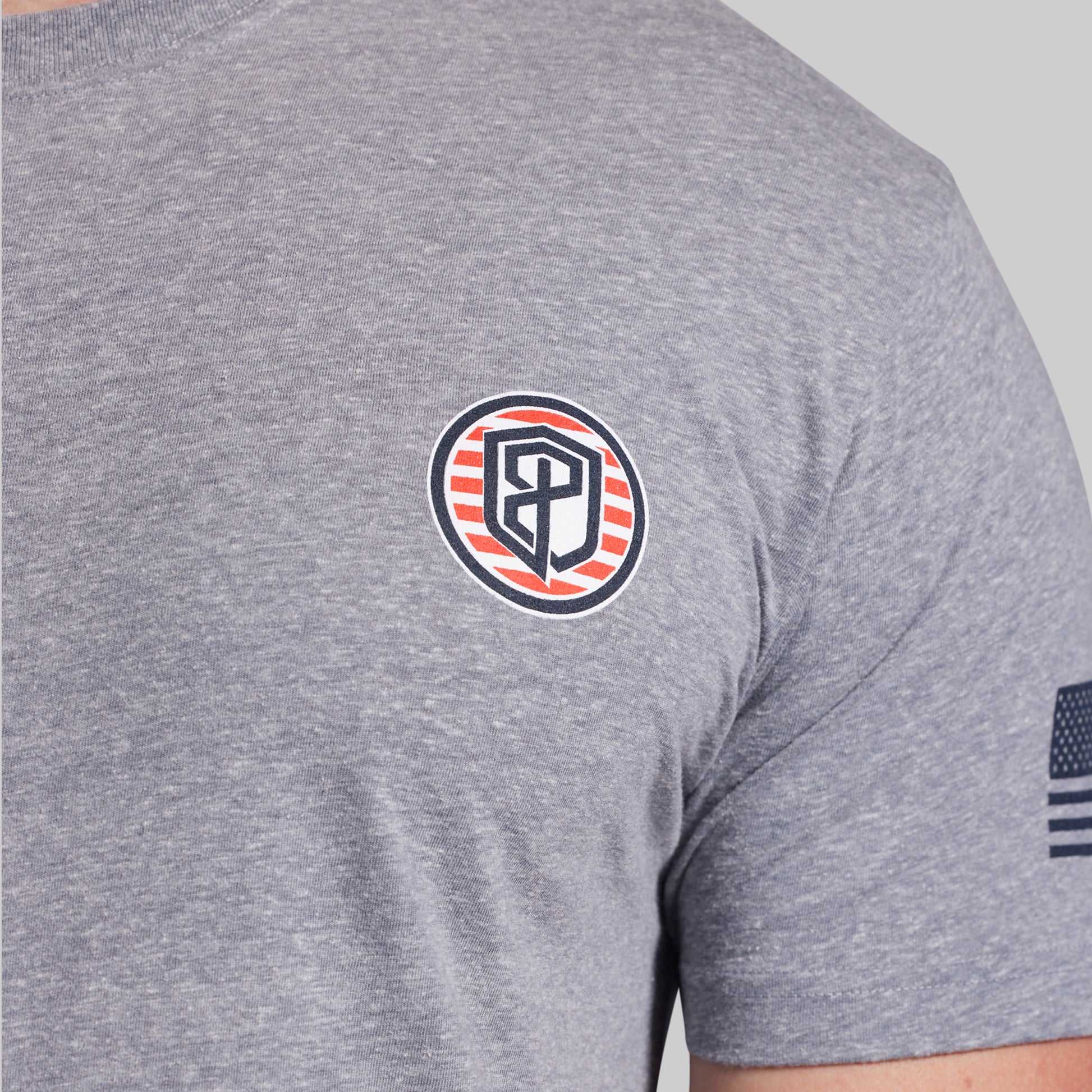 Gray t-shirt with a logo on the chest and a flag on the sleeve against a light gray background