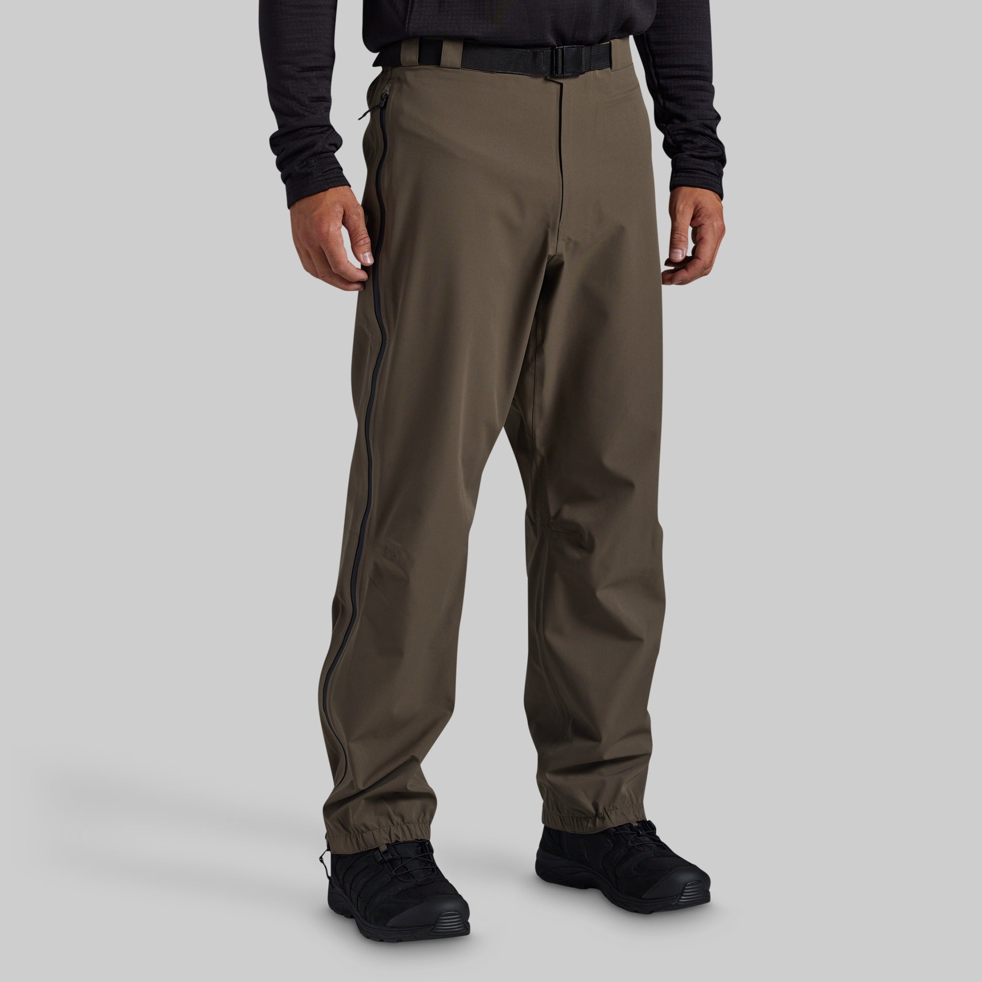 Man wearing Ranger Green Mission FLEX Rain Pant 2.0, front view