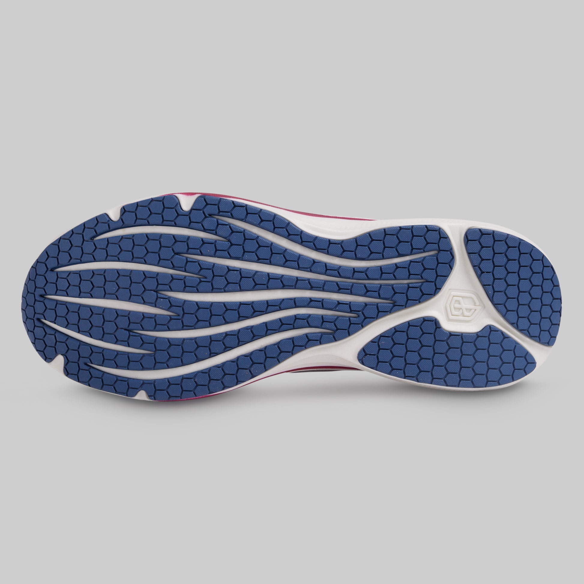 Close-up of a shoe sole with blue and white pattern on a gray background