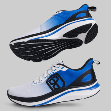 Blue and black athletic shoes on a gray background