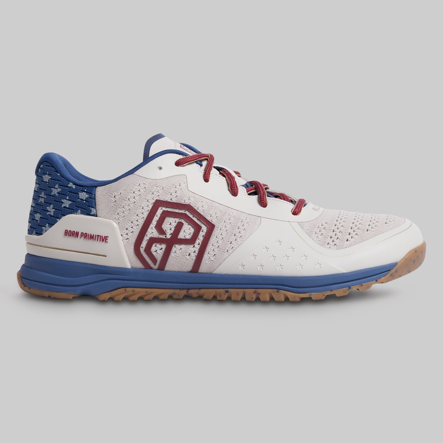 Sneaker with American flag design on a gray background