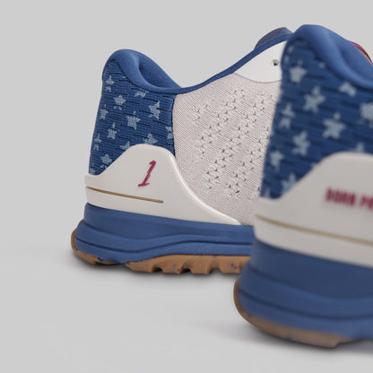 Close-up of a shoe with blue and white design on a gray background