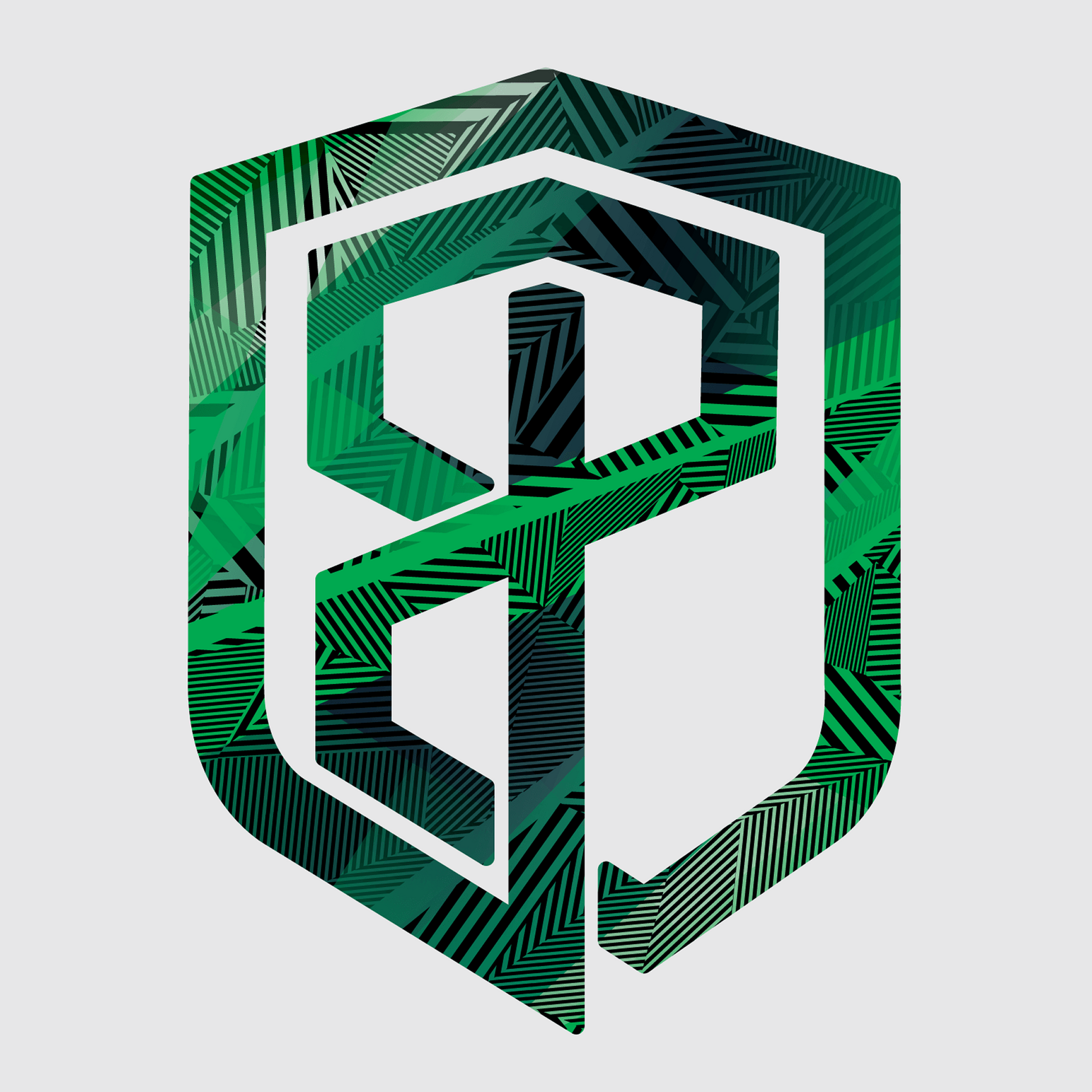 Geometric logo with green and black patterns on a white background