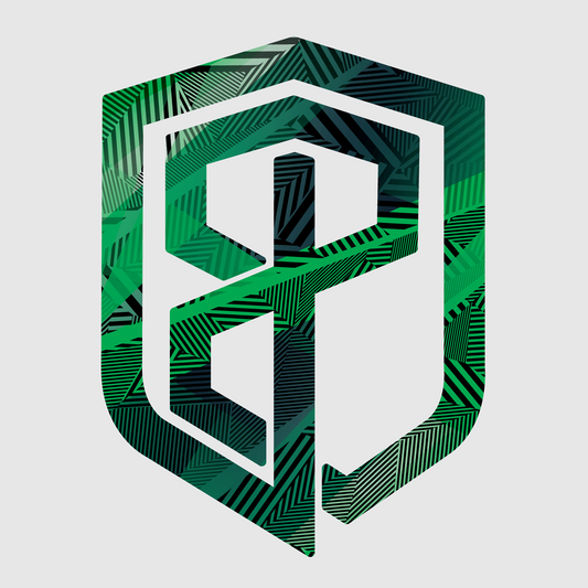 Geometric logo with green and black patterns on a white background
