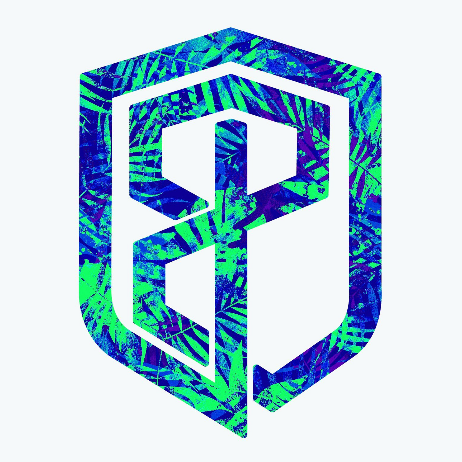 Geometric logo with blue and green patterns on a white background