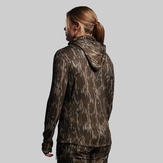 Person wearing a camouflage hoodie on a plain background