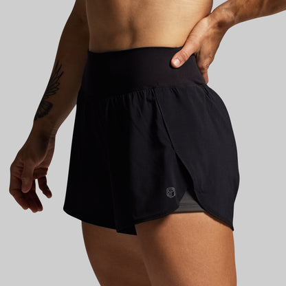 Person wearing a black athletic shorts on a plain background
