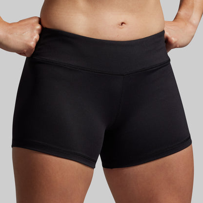 Person wearing black athletic shorts on a gray background