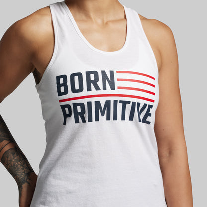 Person wearing a white tank top with 'BORN PRIMITIVE' text design.