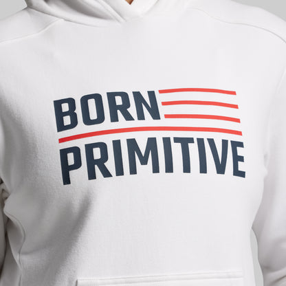 White hoodie with 'Born Primitive' text on a white background