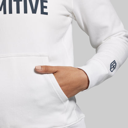 White sweatshirt with brand logo on sleeve against a neutral background