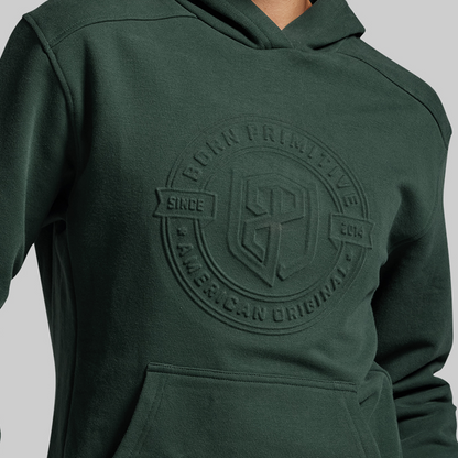 Green hoodie with a brand logo on a gray background