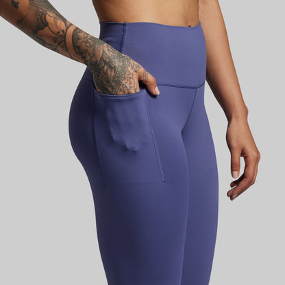 Person wearing a pair of blue leggings on a gray background