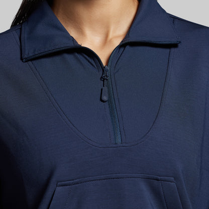 Navy blue pullover with a quarter zip on a gray background