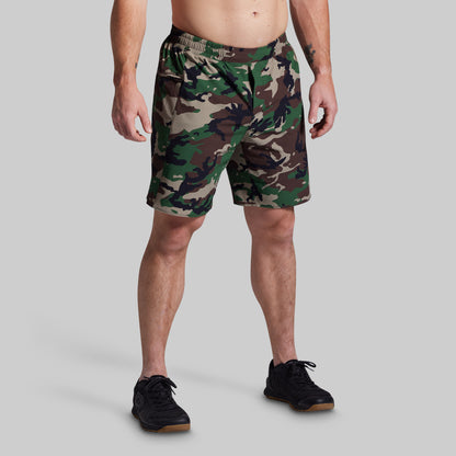 Person wearing camouflage shorts on a gray background