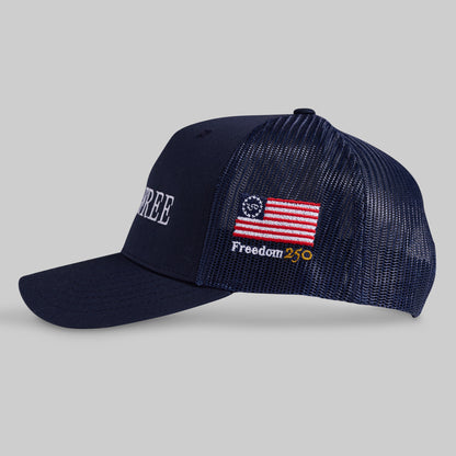 Navy blue cap with American flag design and text on a gray background