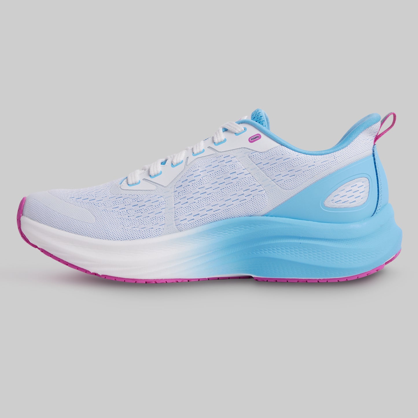 Light blue running shoe with white sole on a gray background