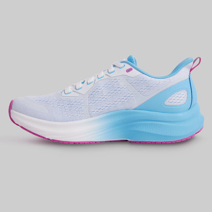 Light blue running shoe with white sole on a gray background