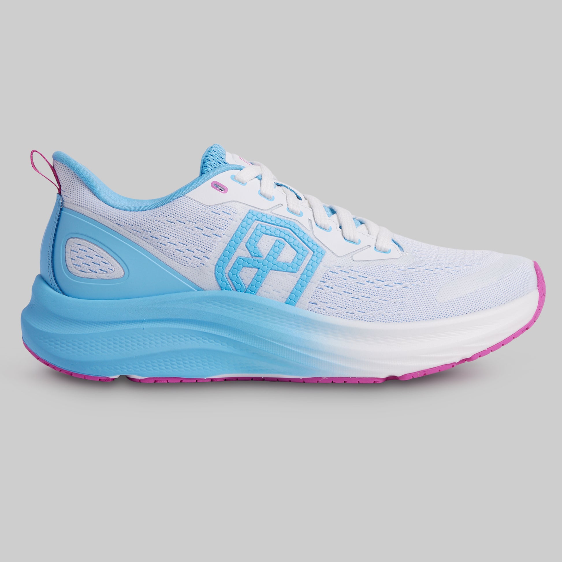 Light blue and white running shoe on a gray background
