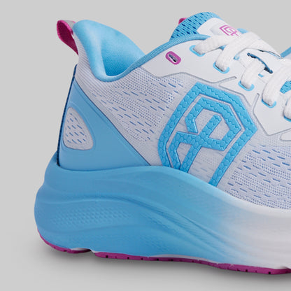 White and blue athletic shoe with pink accents on a gray background