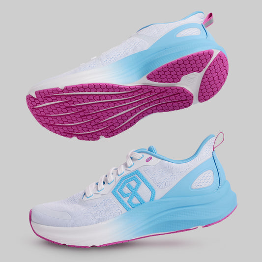 White running shoes with blue and pink accents on a gray background