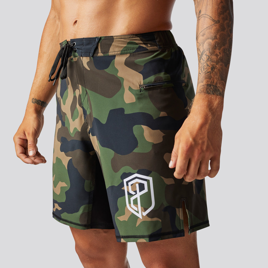 Camouflage shorts with a logo on a plain background